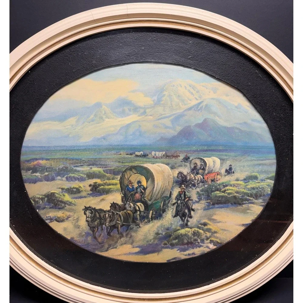 Antique Western Covered Wagon Lithograph Oval Frame Pioneer Scene John Teale Art